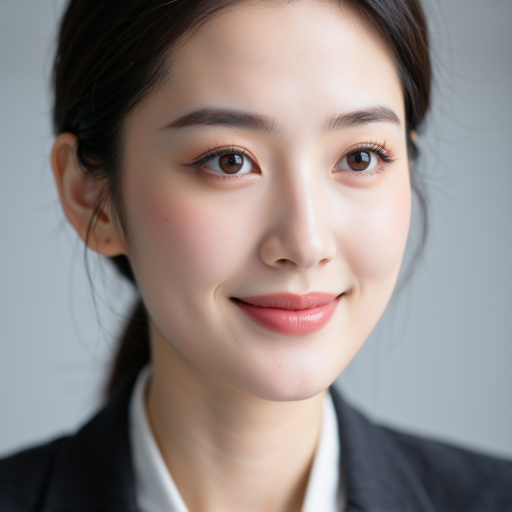 Female team member headshot around twenty-eight years old, wearing white shirt, clean business background, professional appearance, high-quality photograph