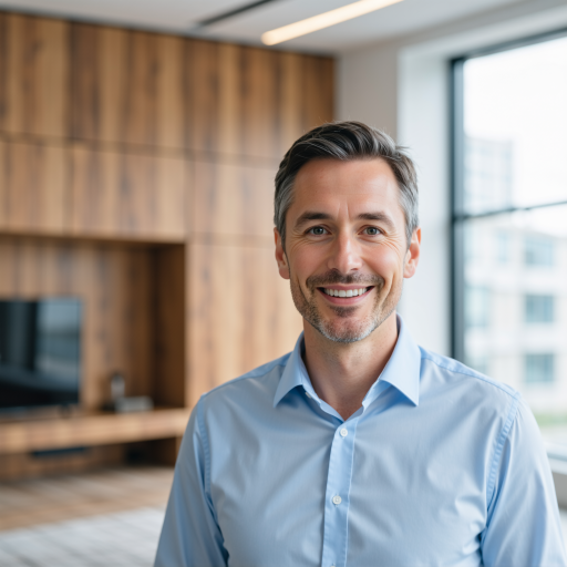 Male team member headshot around thirty-five years old, wearing light colored shirt, modern office environment background, professional technical staff appearance, high-quality photograph
