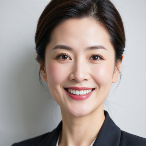 Female team member headshot around thirty years old, wearing dark blue jacket, minimalist business background, professional appearance, high-quality photograph